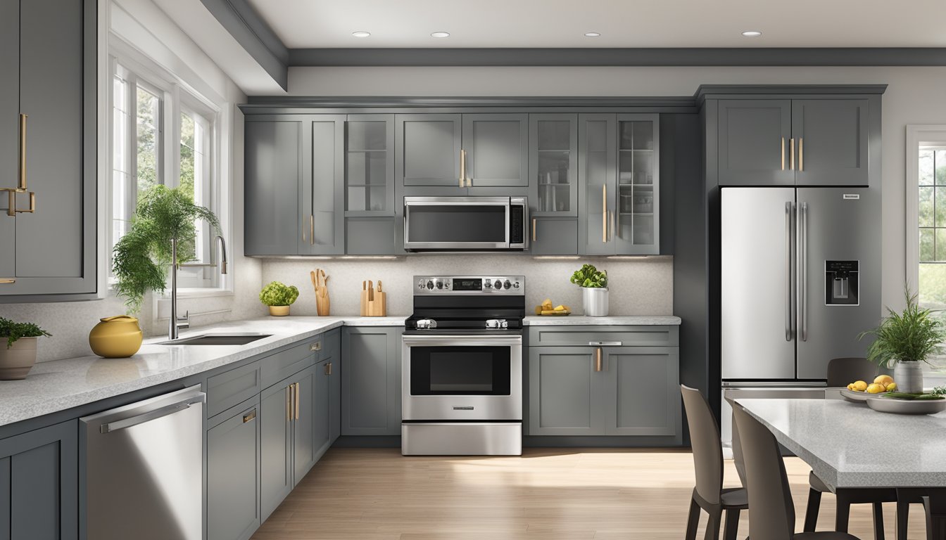 A kitchen with modern SG appliances: sleek refrigerator, stainless steel oven, and minimalist microwave on granite countertops