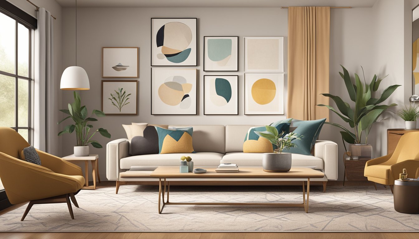 A cozy living room with mid-century modern furniture, geometric patterns, and a neutral color palette. A statement piece of art hangs on the wall, and a shag rug adds texture to the space