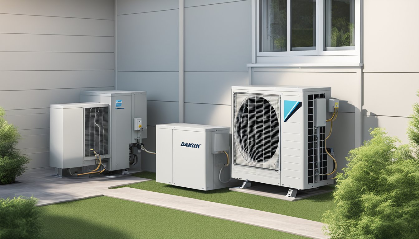 A Daikin System 3 air conditioning unit mounted on a wall with three indoor units connected to a single outdoor compressor