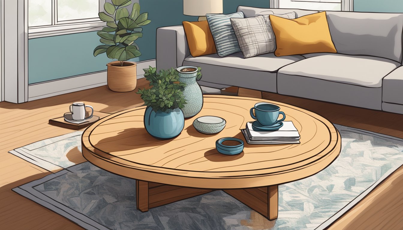 A person purchases a round wood coffee table and carefully places it in their living room, adding a coaster and a decorative vase on top