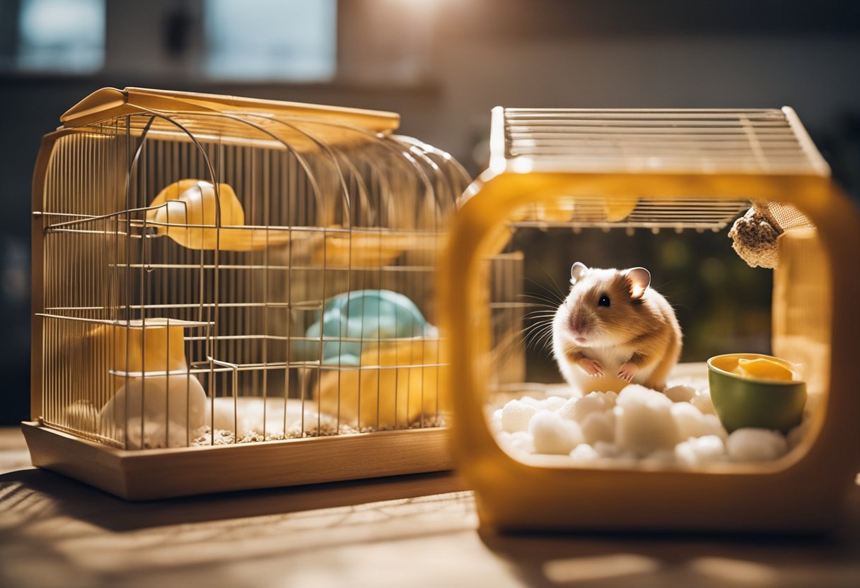 A hamster habitat with a clean cage, bedding, and food/water dishes. No visible waste or debris. Bright and inviting environment for the hamster