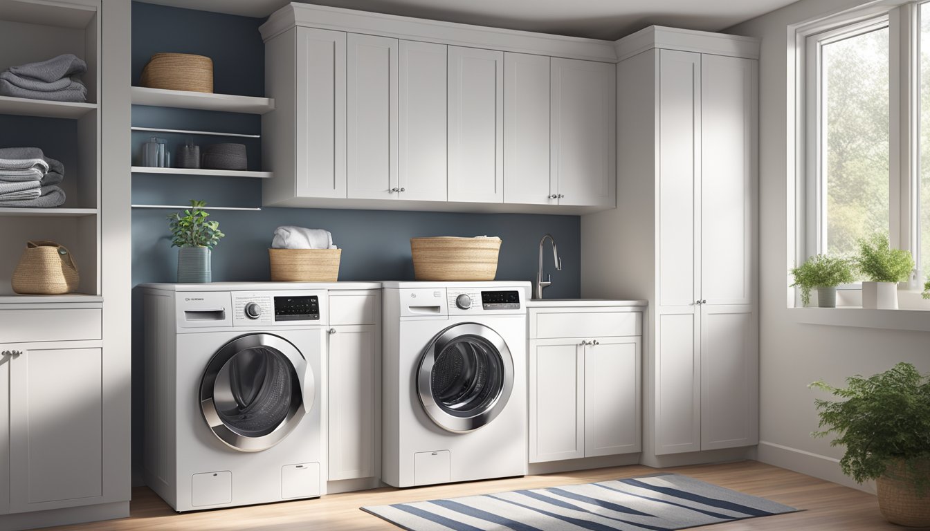 The Washer Dryer Combo stands in a bright, modern laundry room, its sleek design and digital display catching the light. Clothes are neatly folded nearby, waiting to be washed and dried