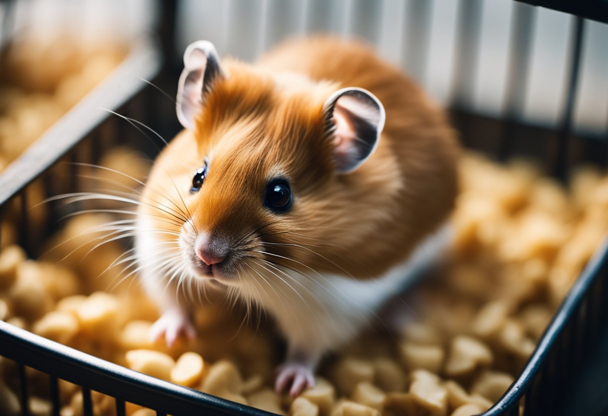 A hamster hunched in a small, filthy cage, surrounded by soiled bedding and empty food bowls