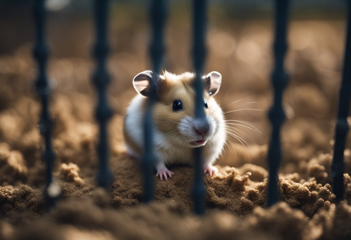 A hamster sits in a dirty cage, looking unwell. It is surrounded by soiled bedding and has a sad expression on its face