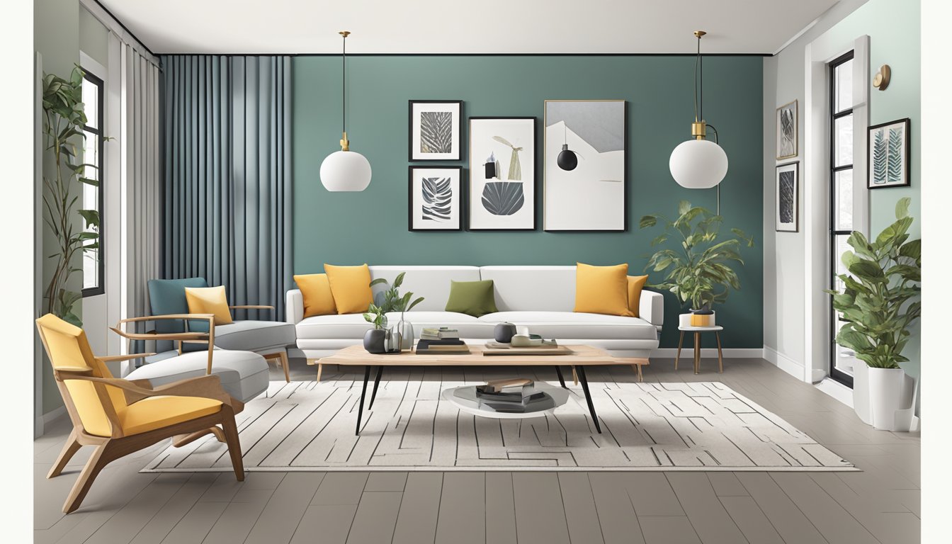 A room with various interior design styles showcased, including modern, minimalist, traditional, and eclectic. Different furniture, colors, and textures are featured to represent each style