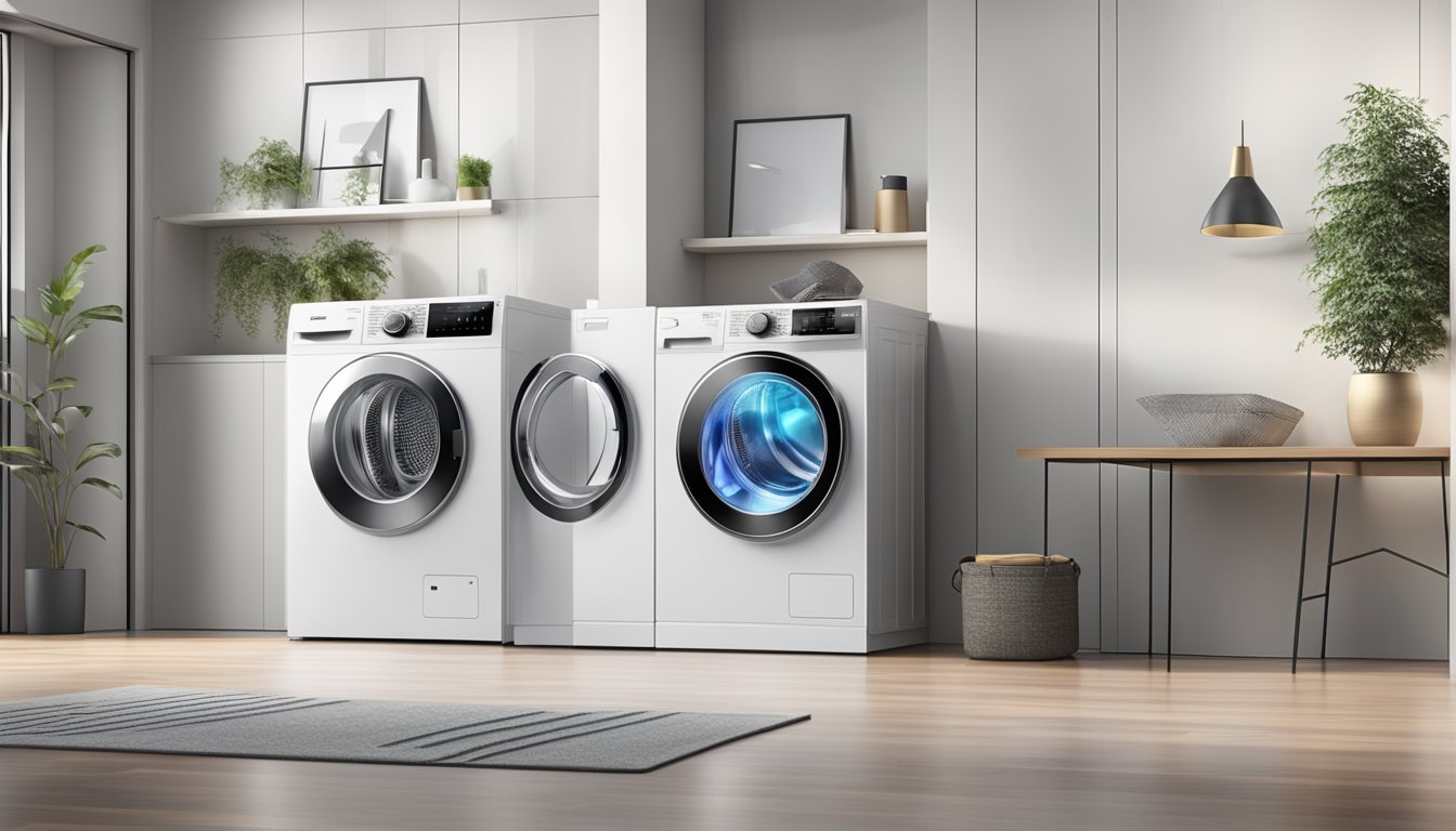 A sleek, modern washing machine dryer combo with smart features and energy efficiency, displaying digital controls and a transparent door