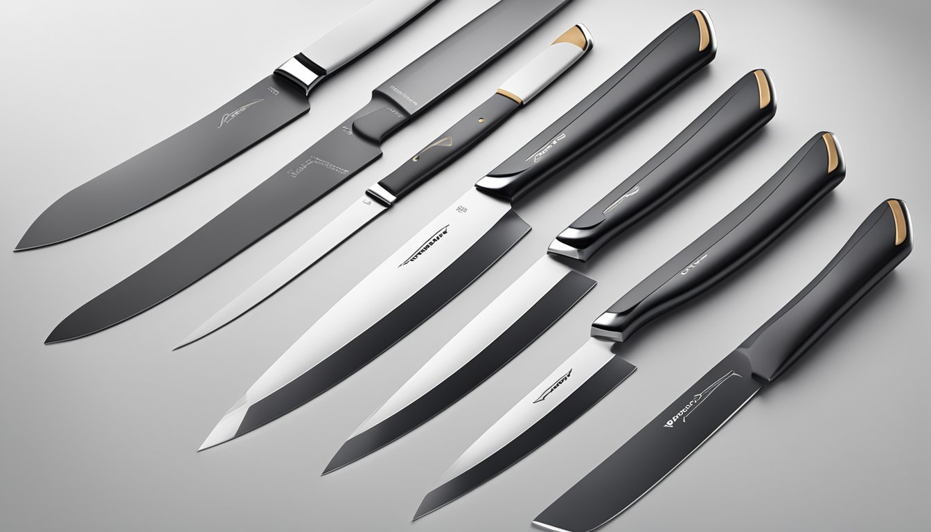 A sleek, modern kitchen knife set displayed on a clean, white countertop with soft, natural lighting highlighting the Tramontina logo