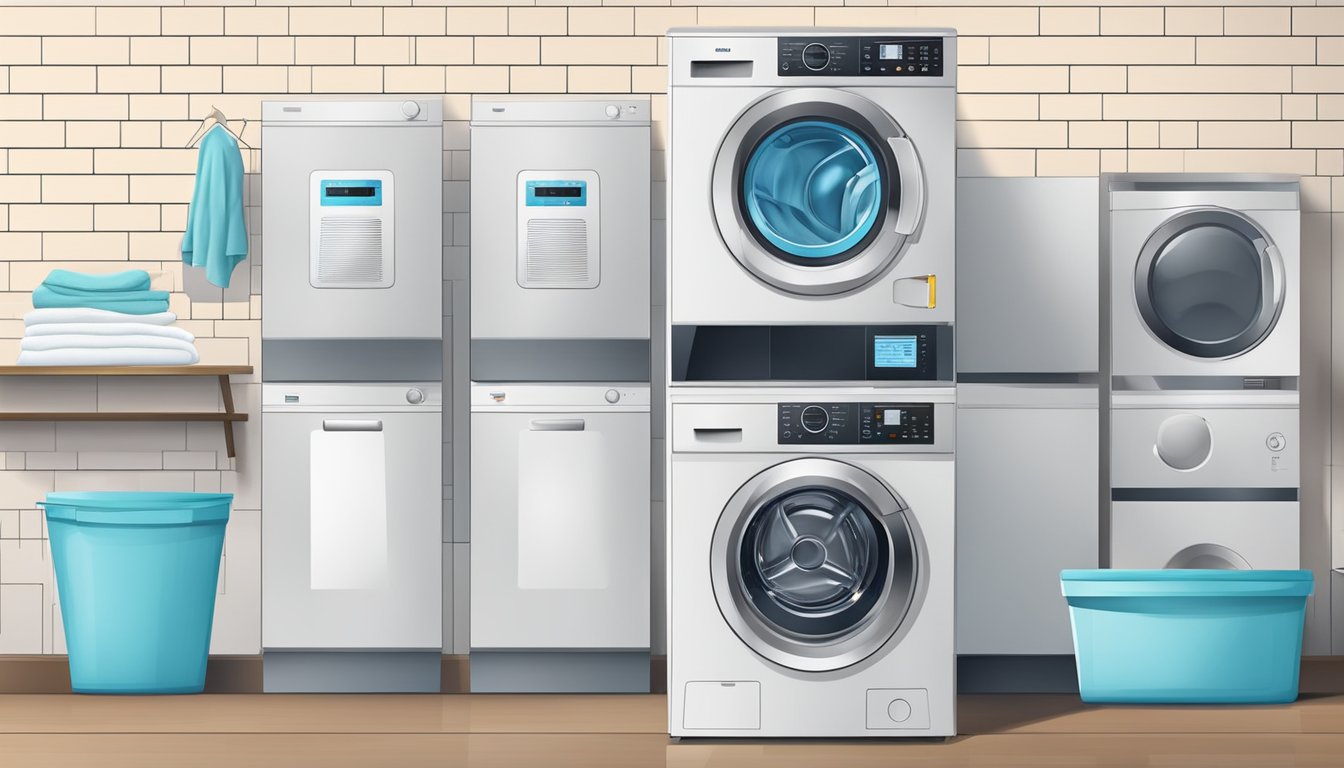 A washing machine and dryer combo in a laundry room with a stackable design and digital control panel