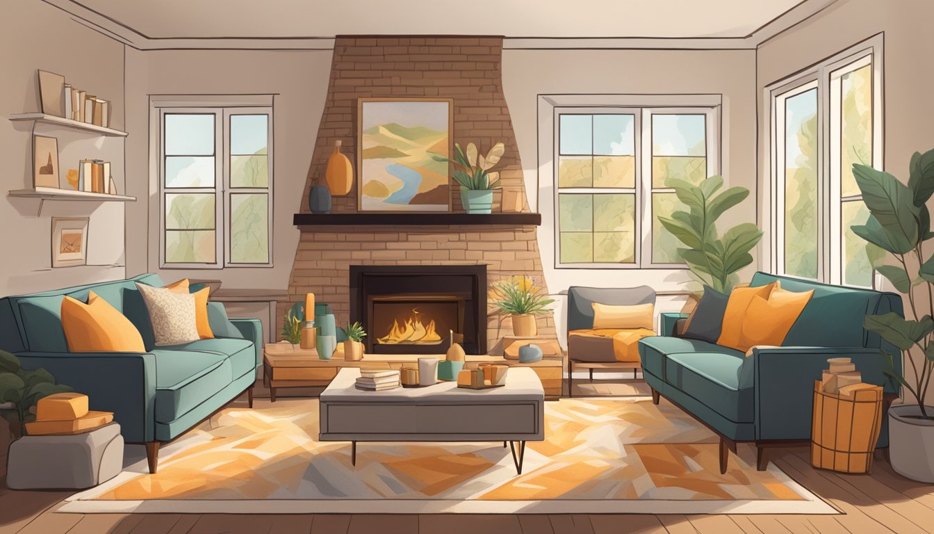 A cozy living room with a large, plush sofa, a coffee table, and a warm, glowing fireplace. The walls are adorned with colorful artwork, and the room is filled with soft, natural light