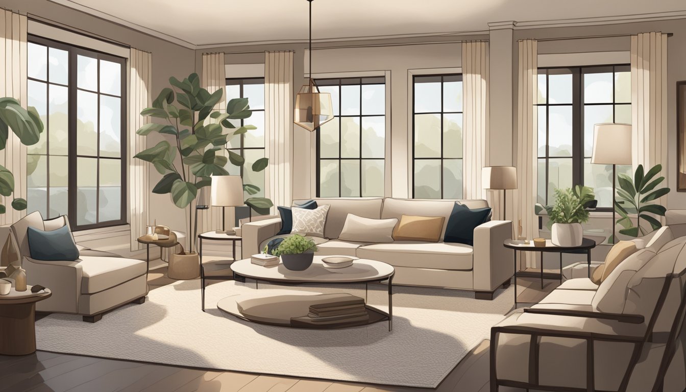 A cozy living room with a neutral color palette, large windows, and plush seating. A modern coffee table sits in the center, surrounded by decorative accents and soft lighting