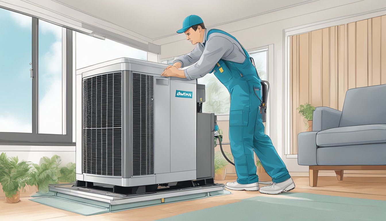 A technician unpacks and installs a Daikin system 3 in a residential setting, connecting the indoor units to the outdoor compressor