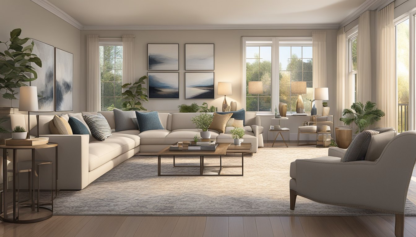 A cozy living room with a neutral color palette, comfortable furniture, and soft lighting. A large area rug anchors the space, while decorative accents and artwork add personality to the room