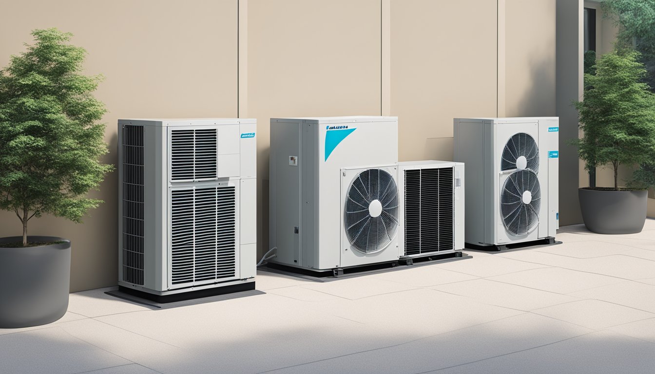 A Daikin System 3 unit stands against a clean, modern backdrop. The three sleek indoor units are connected to the outdoor compressor, creating a balanced and efficient cooling system