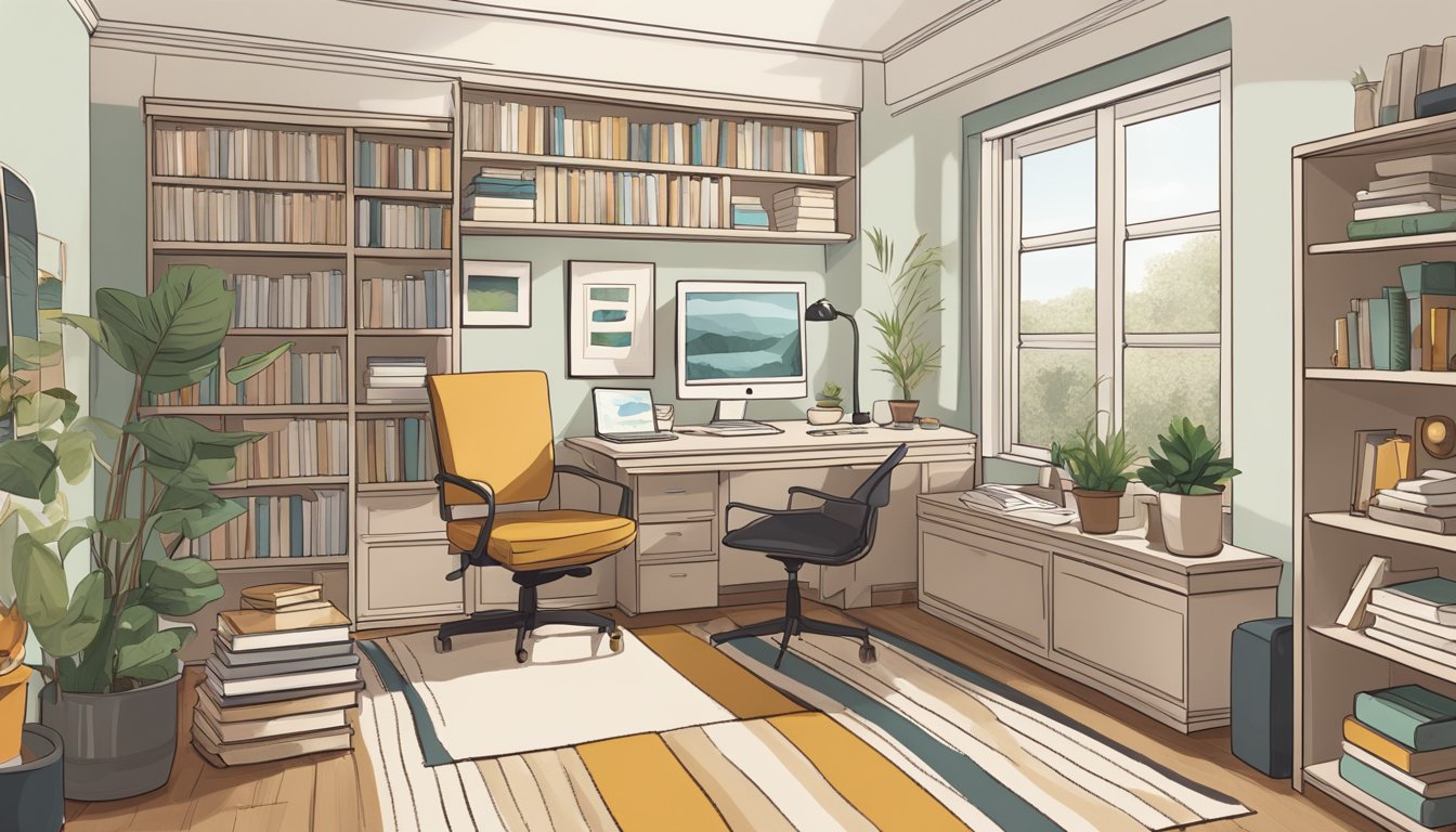 The Frequently Asked Questions room is modern with clean lines, neutral colors, and organized shelves. A large desk with a computer and a comfortable chair is at the center, while a cozy reading nook is in the corner
