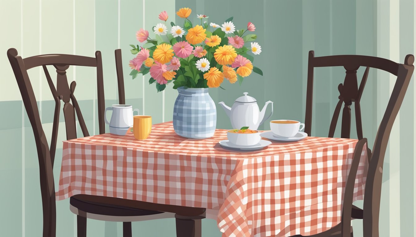 A small eating table for 2, set with a checkered tablecloth and two chairs, adorned with a vase of flowers and a simple meal