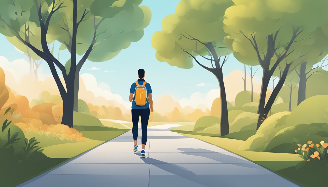 A person walks on a path, wearing a fitness tracker. The tracker displays a heart rate within the healthy range. Trees and a clear sky surround the walker