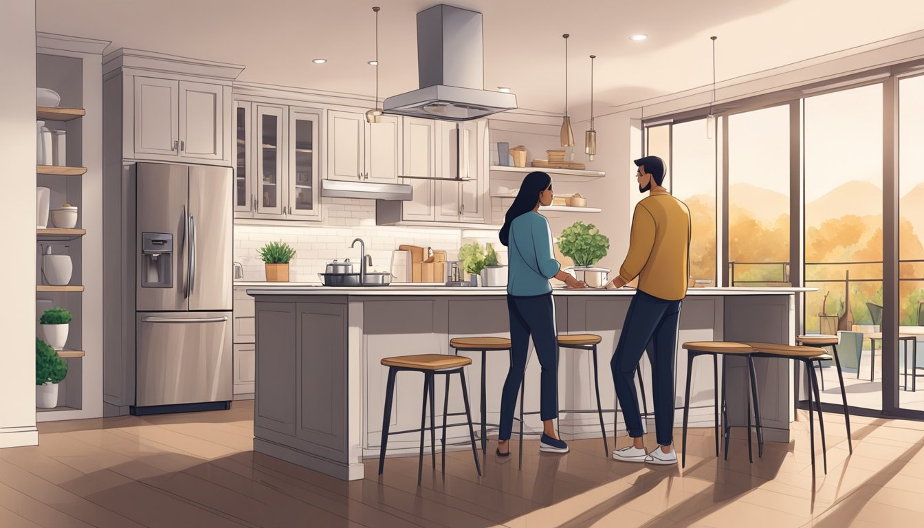 A couple stands in a cozy kitchen, carefully choosing a small dining table set for two. The table is sleek and modern, with two matching chairs, creating an intimate and inviting dining space