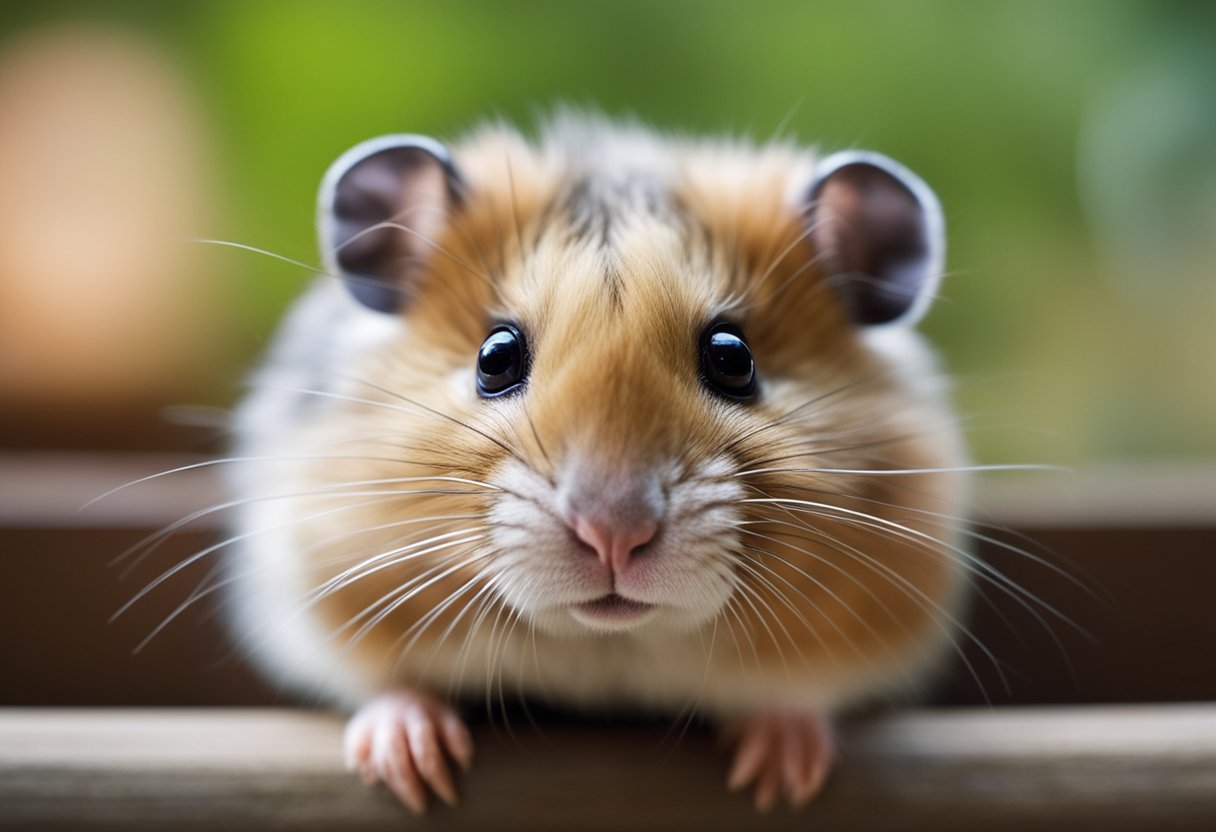 A hamster lying in its cage, looking lethargic with droopy eyes and a hunched posture. Its fur appears unkempt and it shows little interest in its surroundings