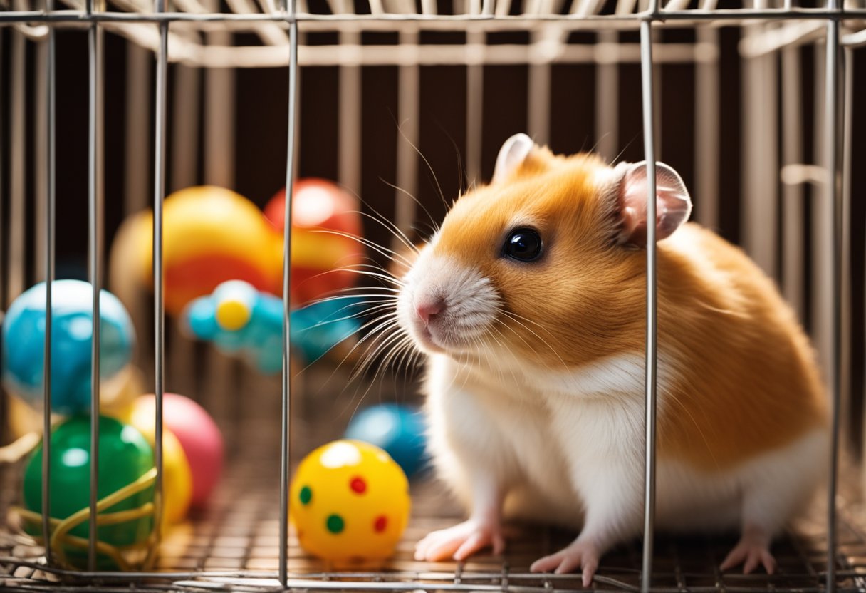 A hamster sits in a cozy cage, surrounded by toys and a water bottle. It looks healthy and active, with bright eyes and a shiny coat