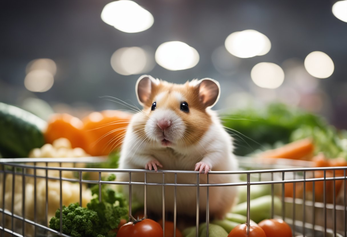 A hamster sits in a clean, spacious cage with fresh bedding and a wheel for exercise. Nearby, a small bowl of fresh vegetables and a water bottle provide nourishment