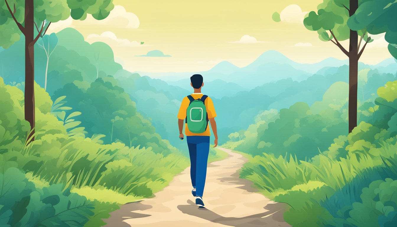 A person walking briskly on a nature trail, surrounded by lush green trees and a clear blue sky. The person's heart rate monitor shows a steady, healthy heart rate