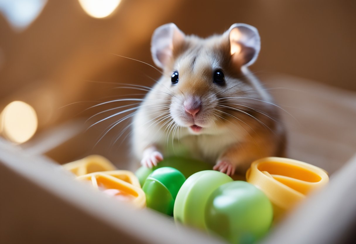 A hamster sits in a cozy cage with bedding and toys. A water bottle and food dish are nearby. The hamster looks healthy and active