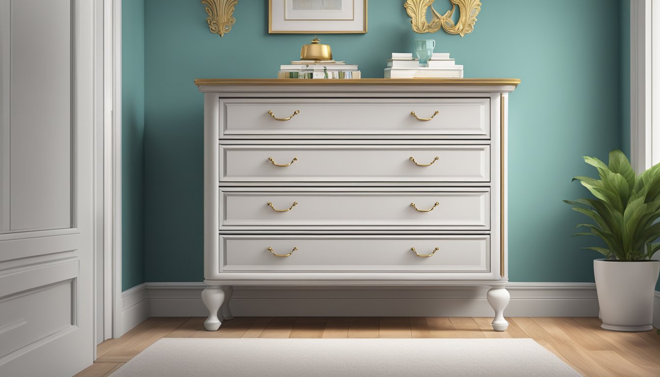 A narrow chest of drawers sits against the bedroom wall, with a smooth, polished surface and delicate, ornate handles