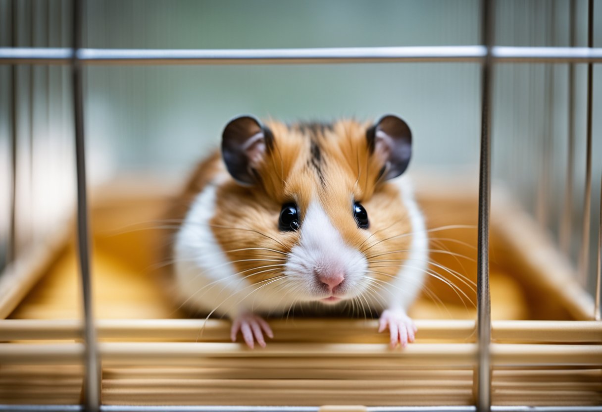 A hamster lying in its cage, looking lethargic and unwell, with droopy eyes and a hunched posture