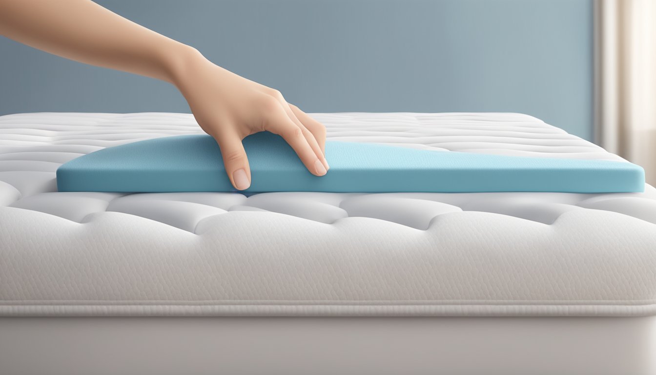 A hand presses down on the firm mattress, creating a slight indentation. The soft mattress sinks under the weight of the hand, molding to its shape