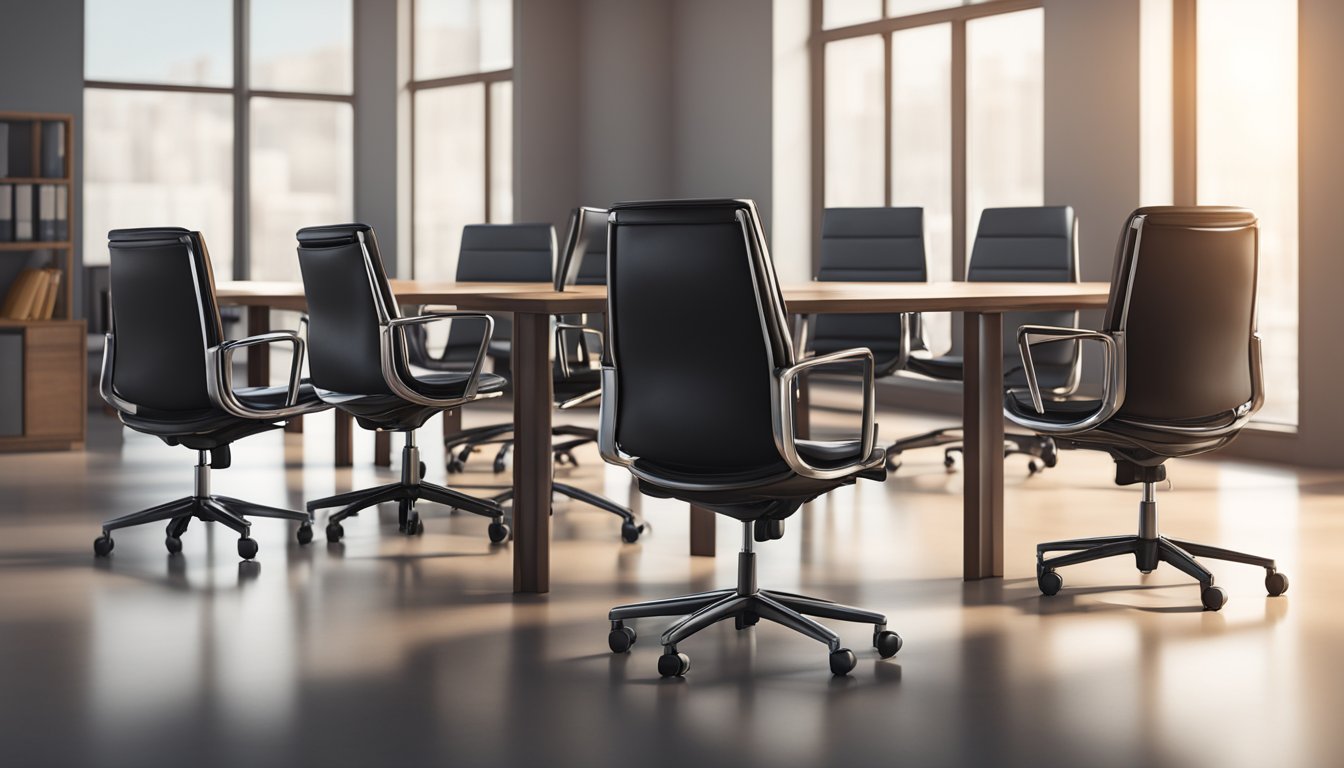 Several leather office chairs are arranged in a circle, with one slightly turned away from the rest. The chairs are all empty, and the room is well-lit