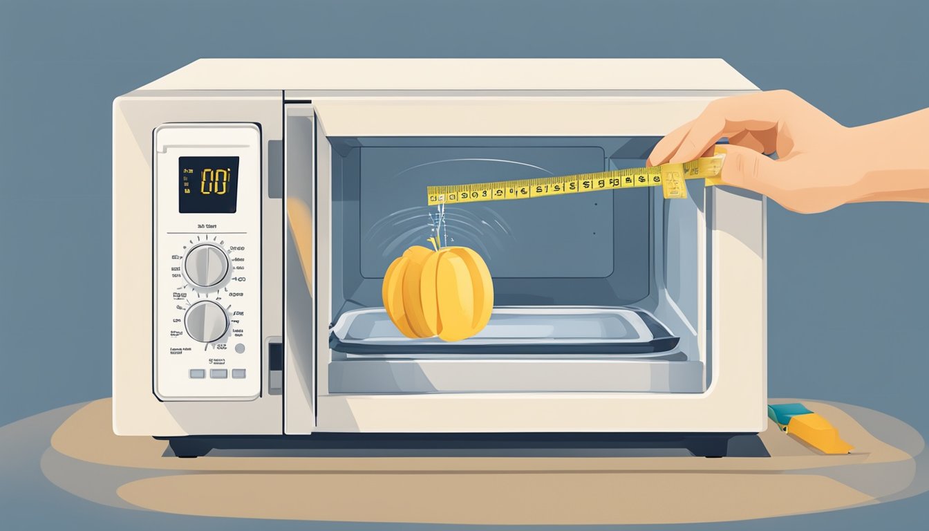 A hand reaches for a microwave, measuring its dimensions with a tape measure