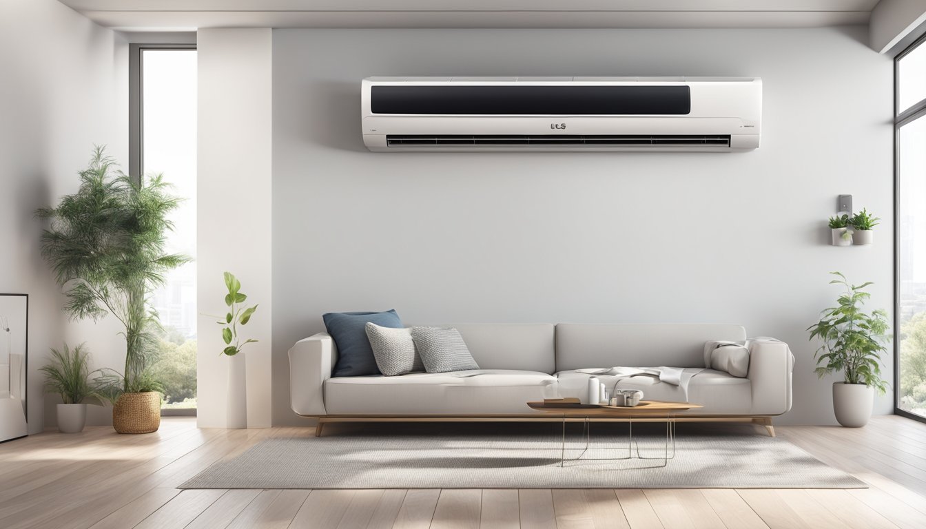 A sleek LG air conditioner mounted on a white wall, with cool air flowing out and filling the room, creating a comfortable and refreshing atmosphere