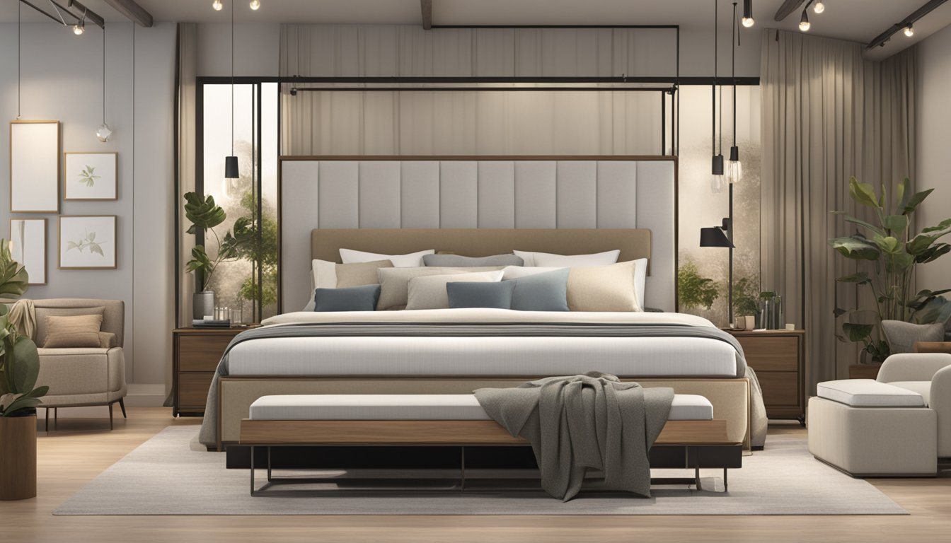 Various bed types and materials on display; metal, wood, and upholstered frames. Mattresses of different sizes and firmness. Showroom with natural lighting and neutral color palette