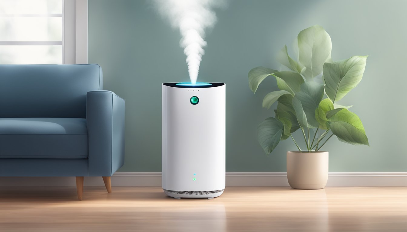 A humidifier and air purifier sit side by side, emitting a gentle mist and purifying the air. The room feels fresh and clean, with a sense of calm and improved air quality