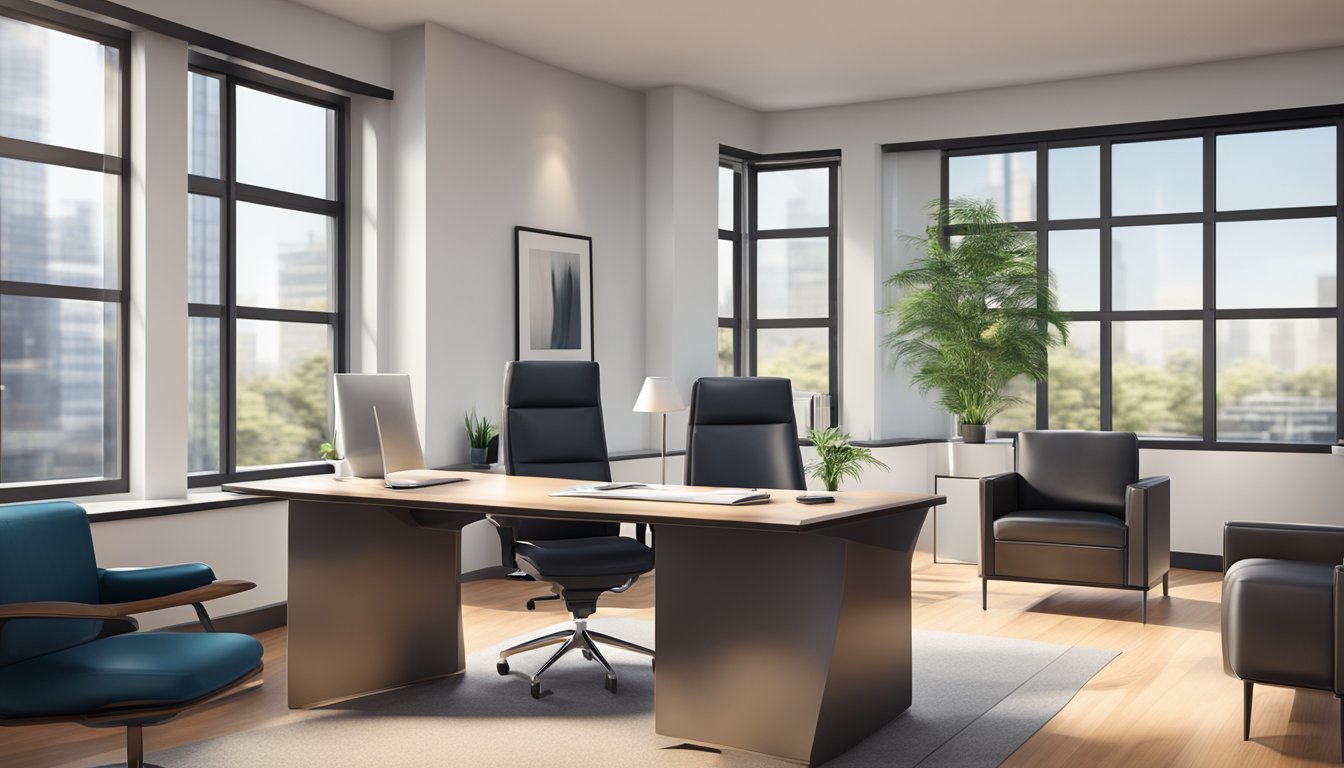 A leather office chair sits in a well-lit room, surrounded by modern office furniture. The chair is sleek, ergonomic, and exudes a sense of professionalism and comfort