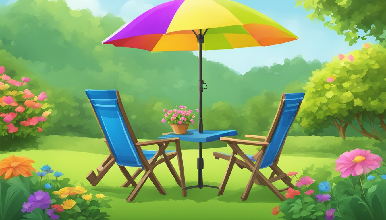 A garden chair set arranged on a lush green lawn, with a small table between the chairs and a colorful umbrella overhead