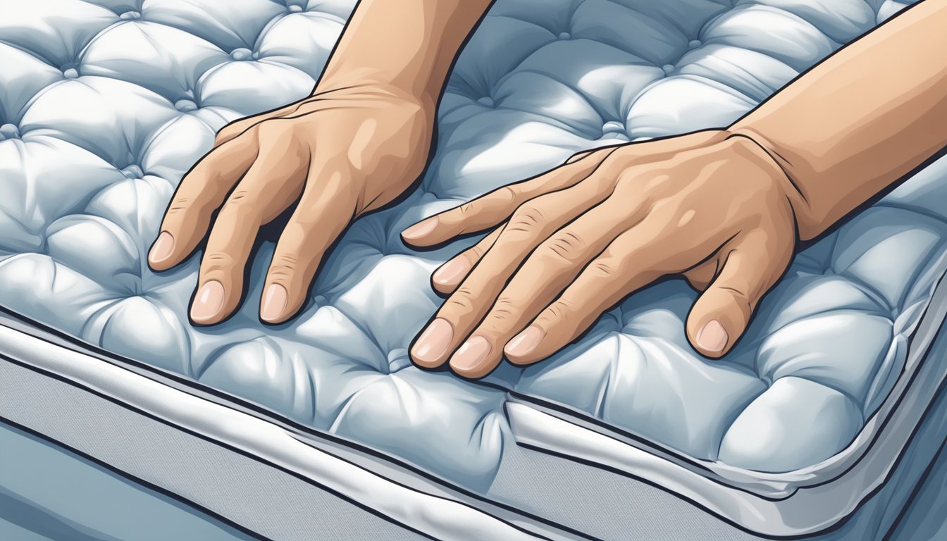 A hand pressing down on a mattress, showing the firmness or softness