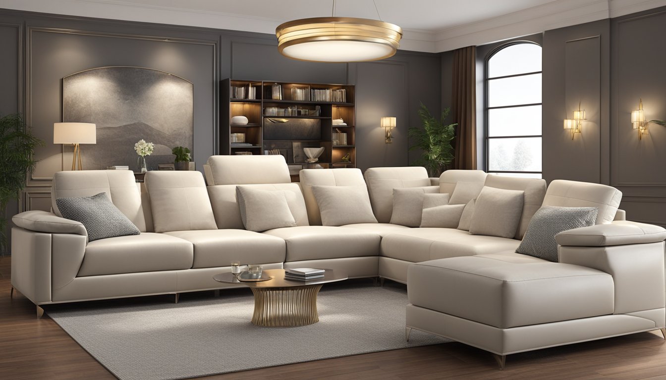 A leather sofa shines under soft lighting, showcasing its durability and sleek appearance. In contrast, a fabric sofa exudes warmth and comfort, with its soft texture inviting relaxation