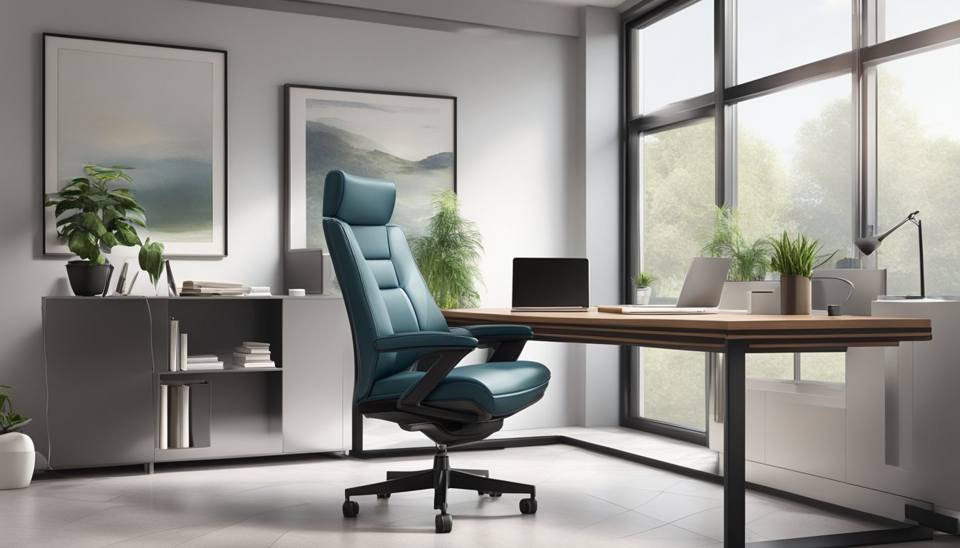 A sleek leather office chair sits in a modern workspace, surrounded by a clean and organized environment. The chair is the focal point, exuding comfort and sophistication
