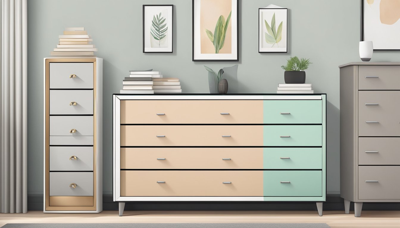 A narrow chest of drawers sits against a bedroom wall, maximizing storage space with its sleek and stylish design