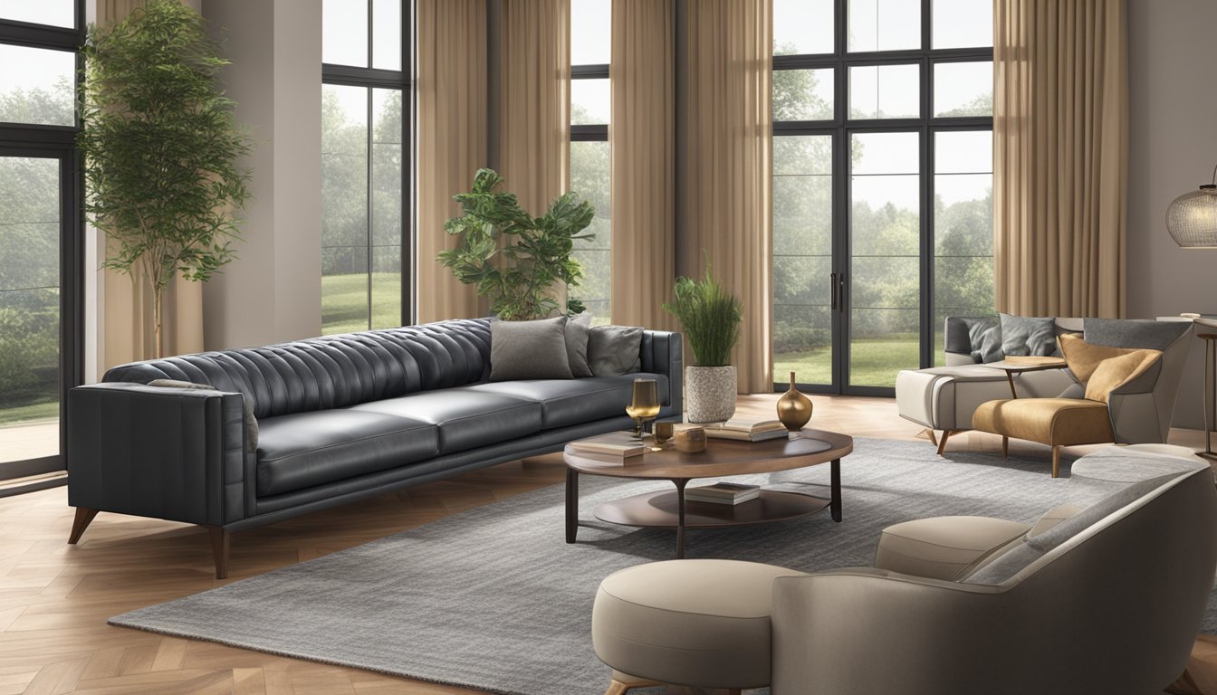 A luxurious leather sofa sits in a well-lit living room, exuding comfort and style. A fabric sofa, equally inviting, complements the space with its soft texture and modern design