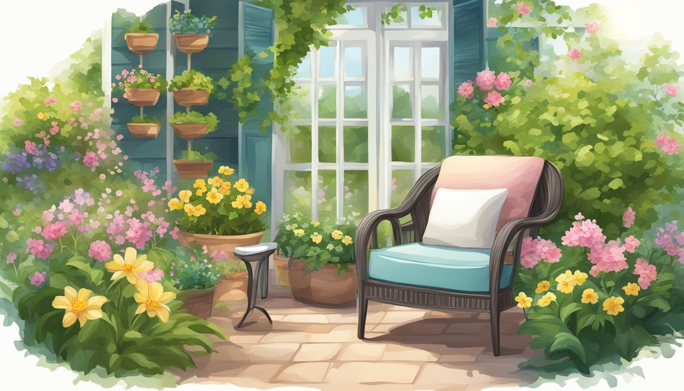 A sunny garden with a cozy chair set, surrounded by blooming flowers and lush greenery