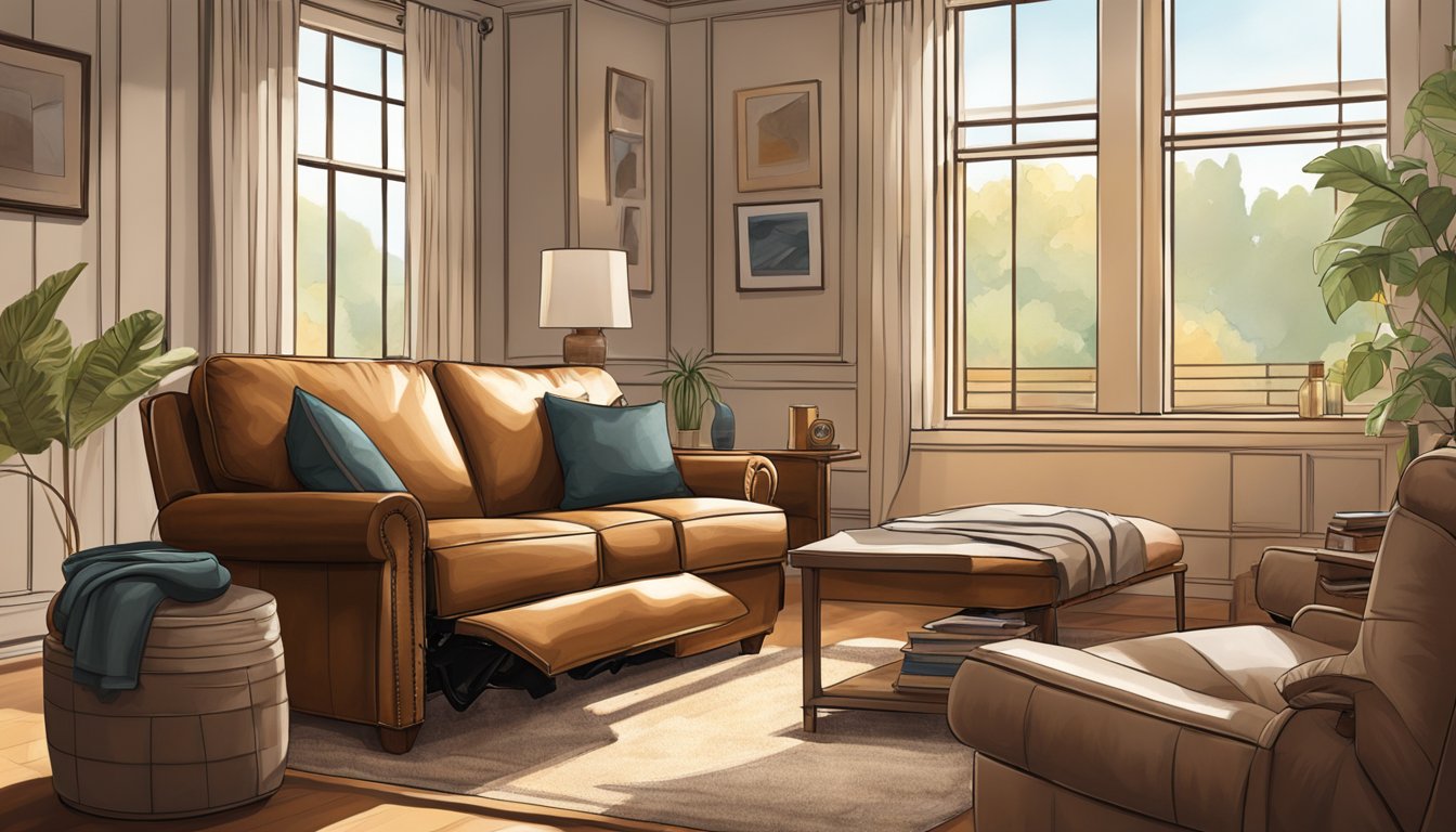 A leather reclining sofa sits in a cozy living room, bathed in warm natural light from a nearby window