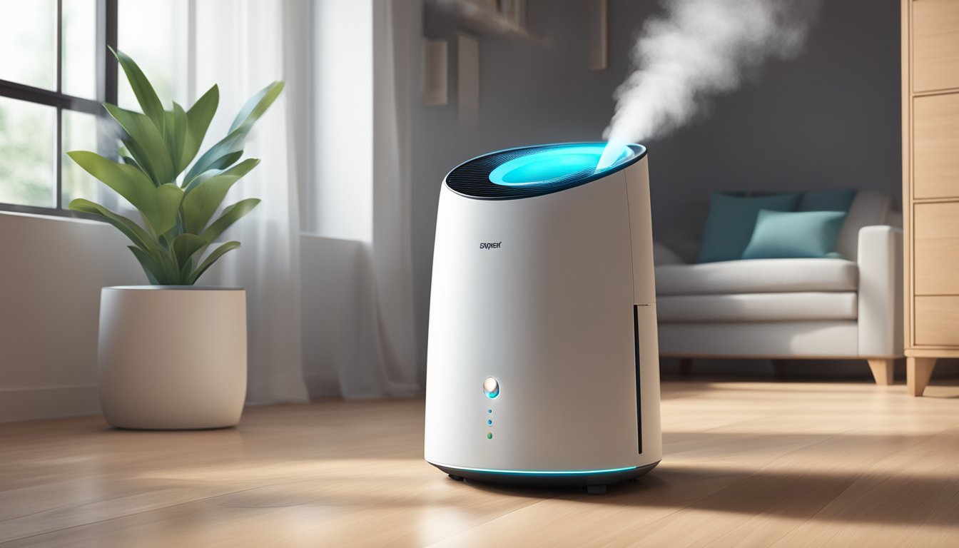 A humidifier air purifier sits on a clean, clutter-free surface, surrounded by fresh, purified air. A soft glow emanates from the machine, indicating its quiet, efficient operation