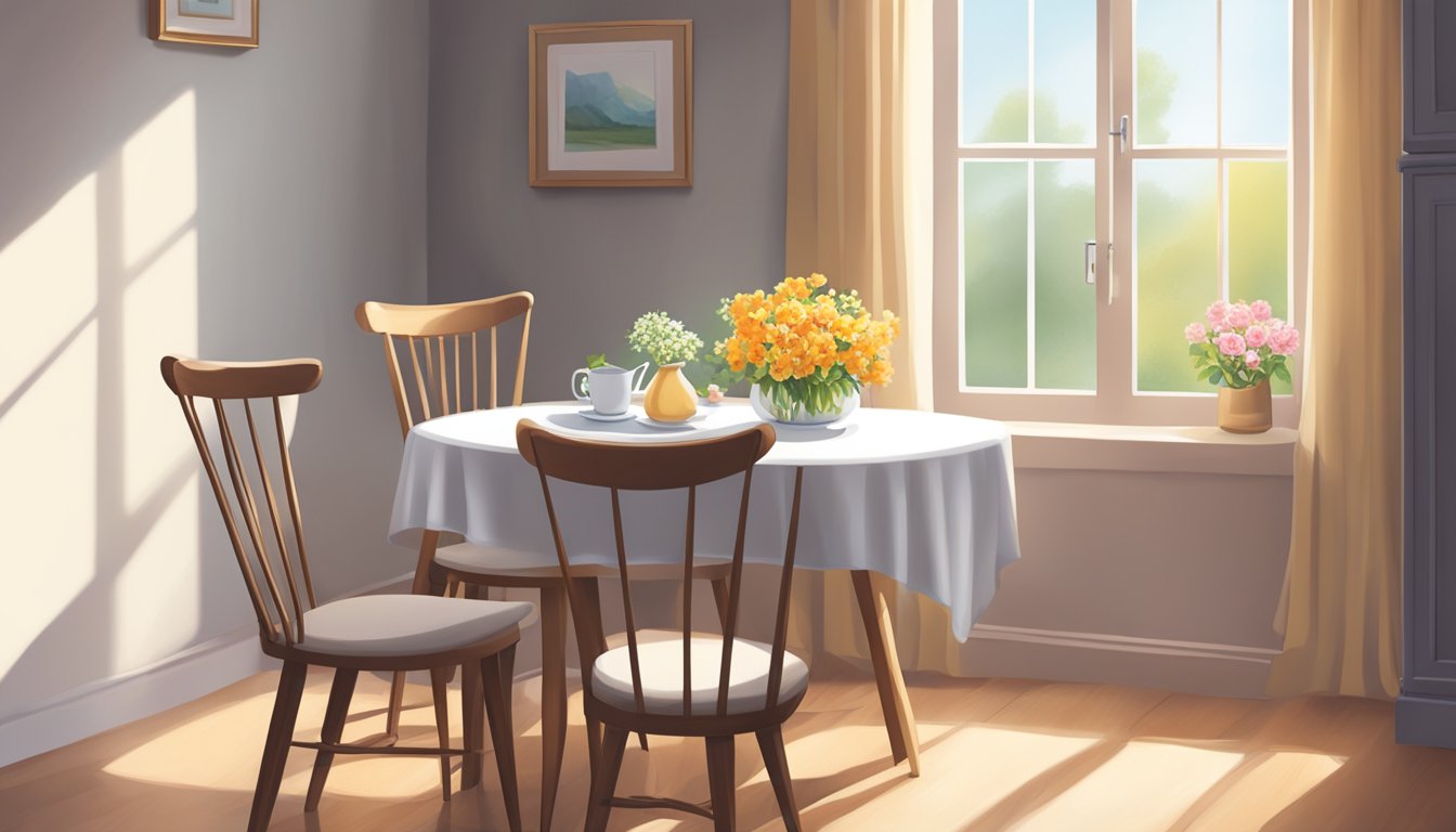 A cozy dining nook with a small table set for two, adorned with a simple tablecloth and a vase of fresh flowers, bathed in warm natural light from a nearby window