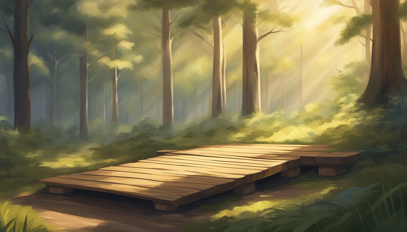 A sturdy wooden platform stands alone in a clearing, bathed in soft sunlight filtering through the trees