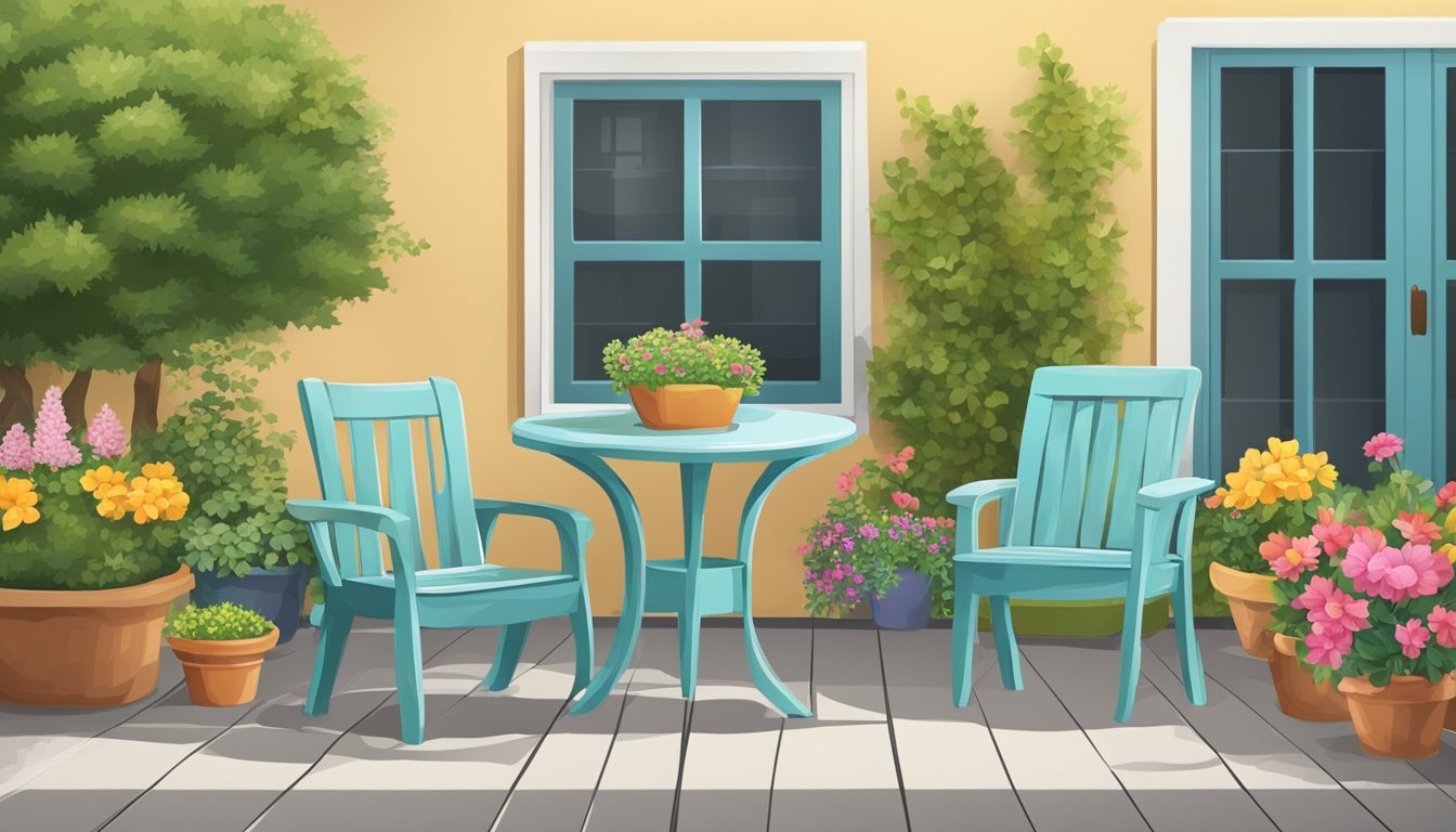 A garden chair set arranged on a patio, surrounded by potted plants and colorful flowers, with a small table in the center
