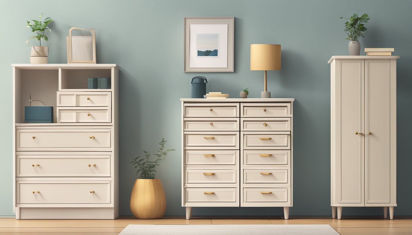 A narrow chest of drawers sits in a cozy bedroom, with neatly organized compartments and decorative handles