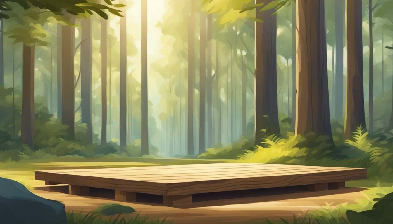 A sturdy wooden platform stands in a peaceful forest clearing, surrounded by tall trees and dappled sunlight