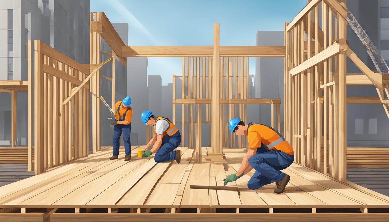Workers construct and install a wooden platform on the construction site